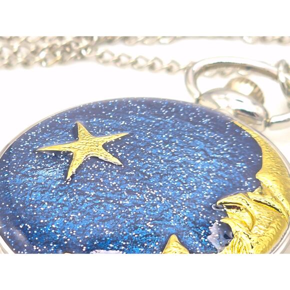 Moon & Star Pocket Watch - Silver Starry Night Gift for Dreamers & Stargazers - Picture 7 of 10